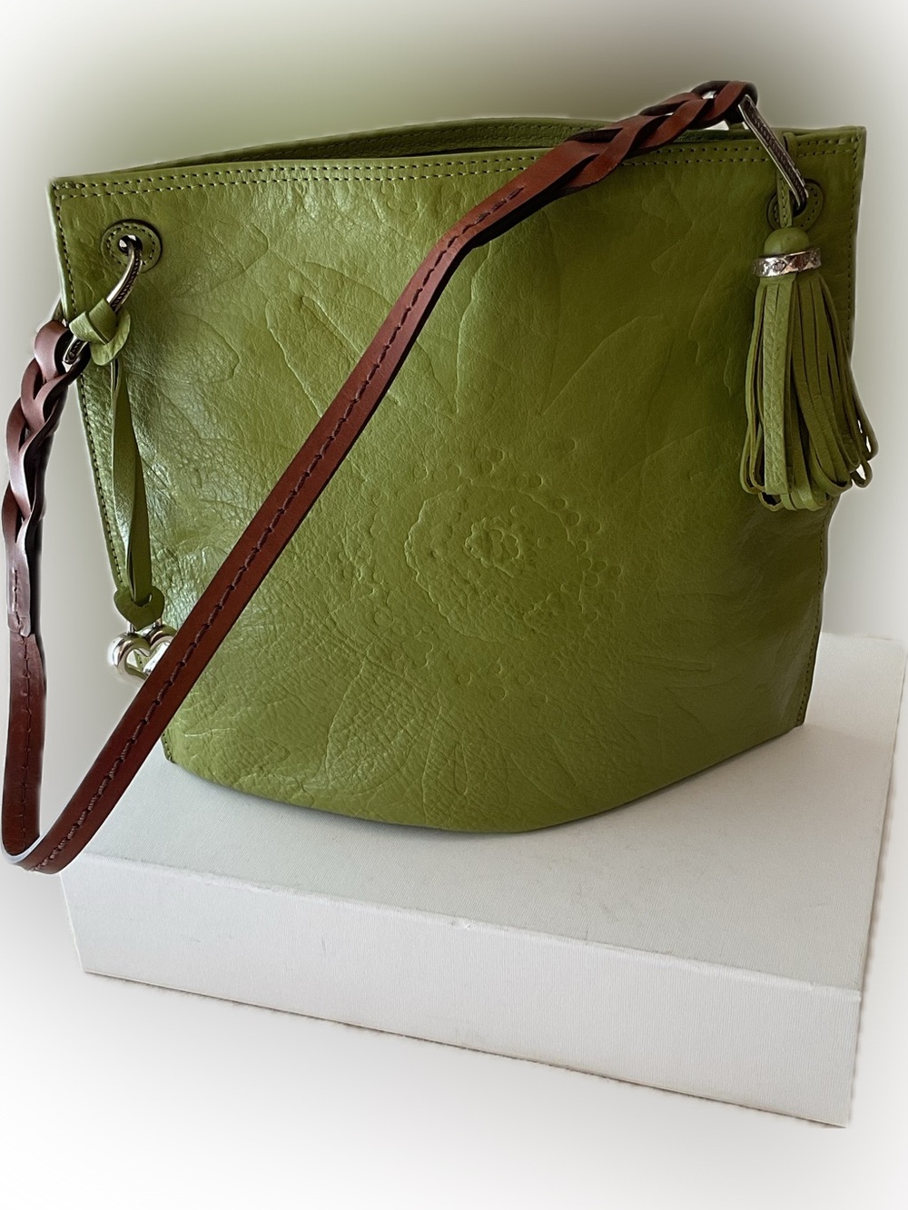 Brighton Lime Green Leather Shoulder Bag with Brown Strap